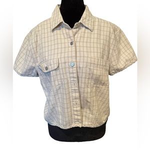 Dockers Khakiwear Vintage 90s Gray Plaid Denim Cotton Cropped Button Up Top